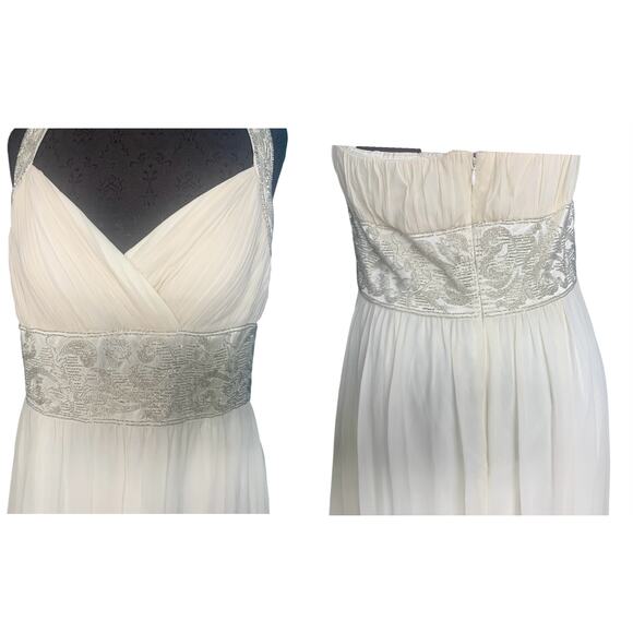 OC by Oleg Cassini Womens Ivory Maxi Halter Evening Gown Dress Silk Beaded 14 - Picture 4 of 13